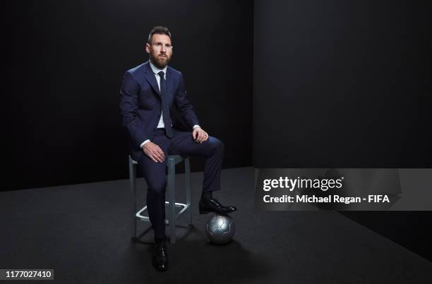 Lionel Messi of FC Barcelona and Argentina poses for a portrait in the photo booth prior to The Best FIFA Football Awards 2019 at Excelsior Hotel...