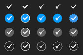 Profile Verification. Verified badge. Set of verified icon with social media verified badge style. Approved icon. Accept badge. Check mark. Approved, verified and protected icons set