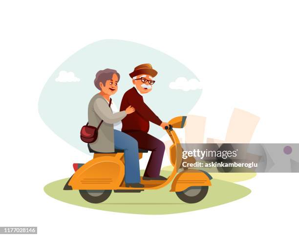 illustrazioni stock, clip art, cartoni animati e icone di tendenza di viaggiatori anziani - moped