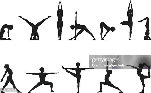 ilustrações de stock, clip art, desenhos animados e ícones de posições de ioga em silhueta - músculo humano