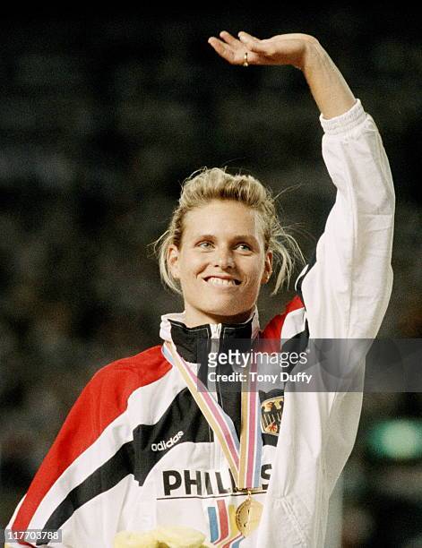 Katrin Krabbe of Germany celebrates winning the Women's 100 metres final on 27th August 1991 during the 3rd IAAF World Championships in Athletics at...