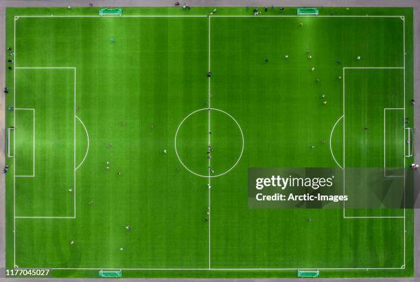 soccer or football field - aerial view of football field imagens e fotografias de stock