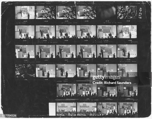 Contact sheet showing images of African-American Muslim minister and civil rights activist Malcolm X , preaching at Temple 7 in Harlem, New York...