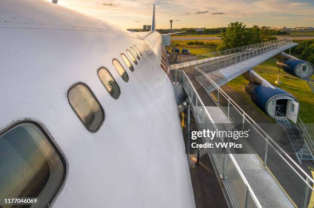 Stockholm, Arlanda, Sweden - The Jumbo Stay , a hostel that is a converted Boeing 747 airliner. It is located at the entrance of the Stockholm...