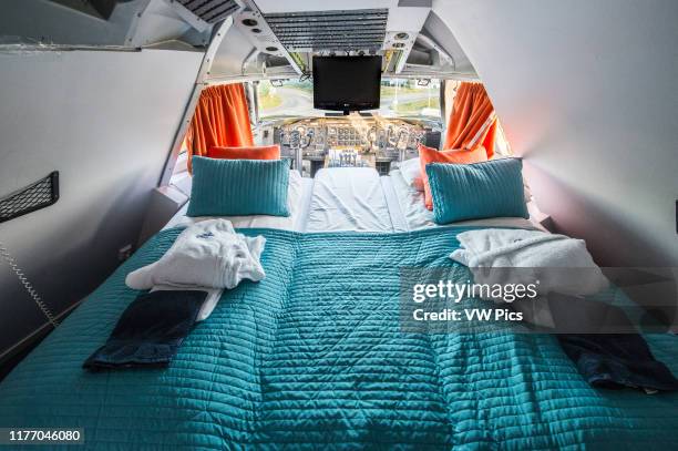 Stockholm, Arlanda, Sweden - The cockpit room at the Jumbo Stay , a hostel that is a converted Boeing 747 airliner. It is located at the entrance of...