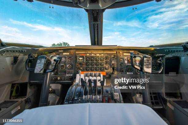 Stockholm, Arlanda, Sweden - The airplane controls inside the cockpit room at the Jumbo Stay , a hostel that is a converted Boeing 747 airliner. It...