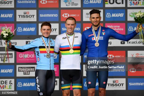 Podium / Remco Evenepoel of Belgium Silver medal / Rohan Dennis of Australia Gold medal / Filippo Ganna of Italy Bronze medal / Celebration / during...