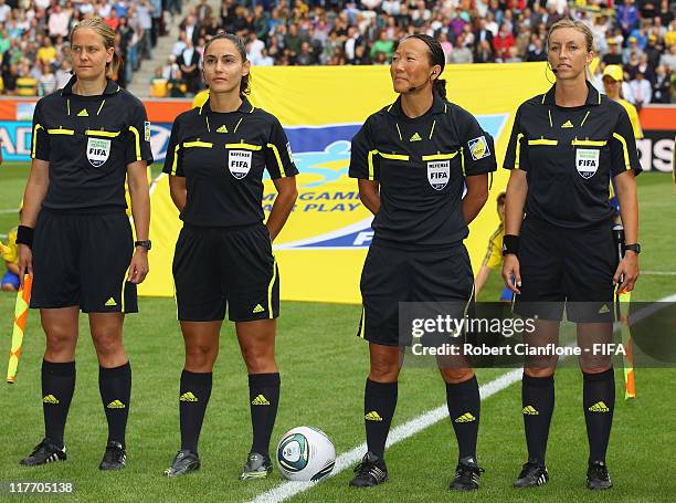 Assitant referee Anna Nystrom, fourth official Thalia Mitsi, referee Jenny Palmqvist and assistant referee Helen Karo are seen prior to the FIFA...