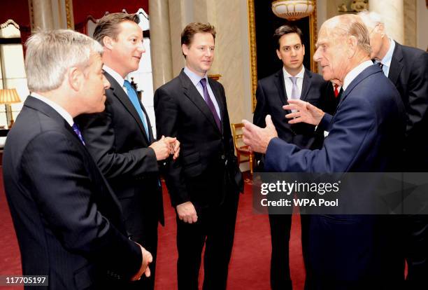 Prince Philip, The Duke of Edinburgh meets Speaker of the House of Commons John Bercow, Prime Minister David Cameron, Deputy Prime Minister Nick...