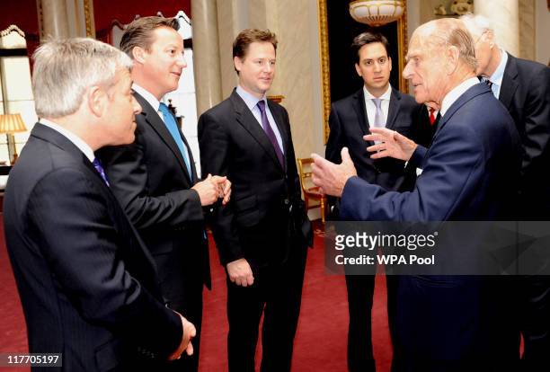 Prince Philip, The Duke of Edinburgh meets Speaker of the House of Commons John Bercow, Prime Minister David Cameron, Deputy Prime Minister Nick...