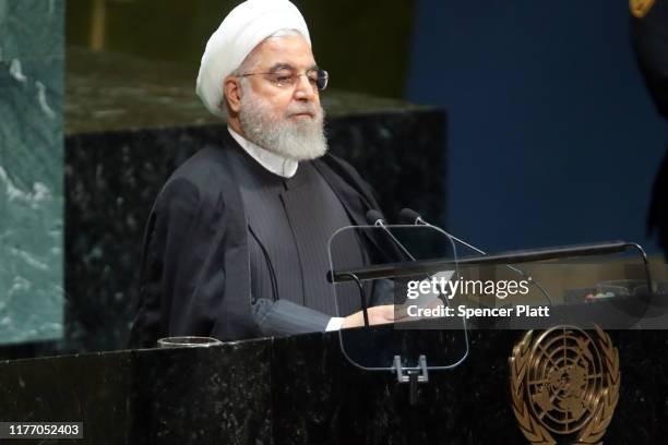 Iranian President Hassan Rouhani speaks at the 74th United Nations General Assembly on September 25, 2019 in New York City. The United Nations...