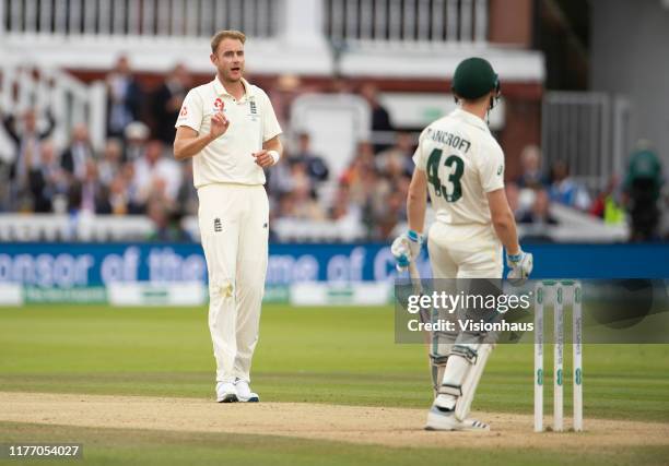 ENgland's Stuart Broad reacts after bowling to Cameron Bancroft during day five of the 2nd Specsavers Ashes Test match at Lord's Cricket Ground on...
