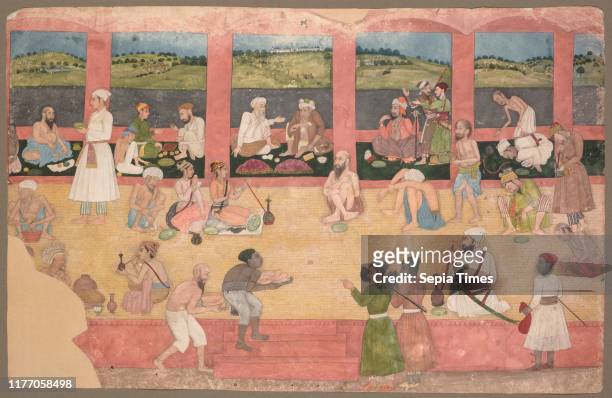 Opium smokers served melons and bread, c. 1750. India, Mughal Dynasty . Color on paper; image: 18.5 x 29 cm ; with mat: 36.3 x 49 cm .