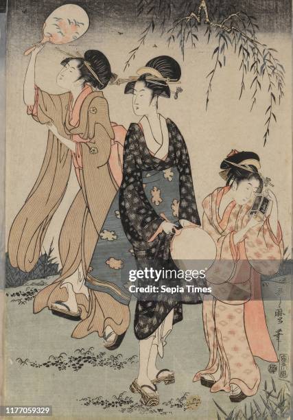 Catching Fireflies Beneath a Willow Tree , c. 1796-1797. Kitagawa Utamaro . Triptych: color woodblock print; sheet: 38.2 x 76.8 cm .