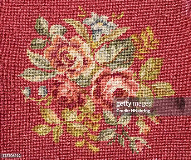 needlepoint with roses - cross stitch stock pictures, royalty-free photos & images