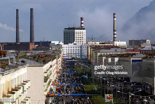 This is a general view down a central street is shown July 21, 2002 in Norilsk, Russia.