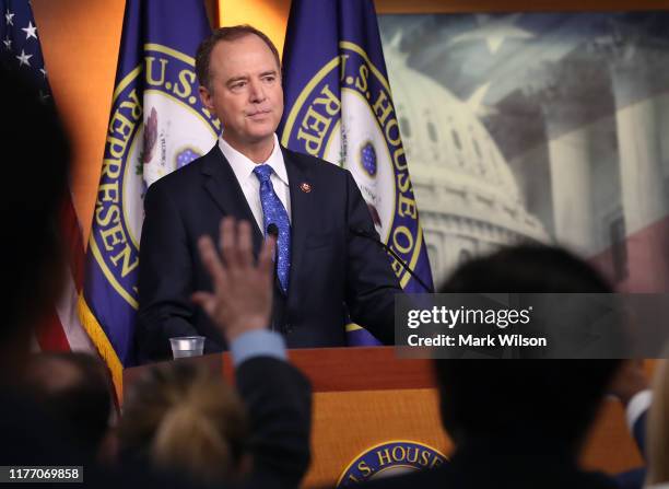 House Intelligence Chairman Rep. Adam Schiff speaks to the media one day after House Speaker Nancy Pelosi announced that Democrats will start an...