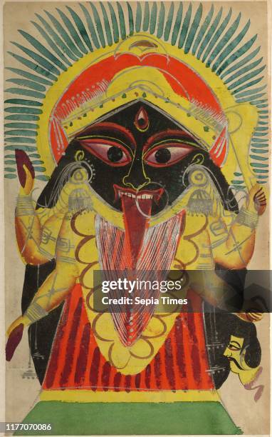 The Goddess Kali, 1800s. India, Calcutta, Kalighat painting, 19th century. Black ink, watercolor, and tin paint on paper; secondary support: 49.7 x...