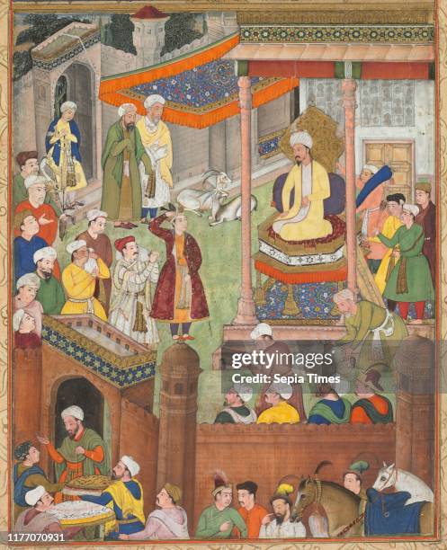 Babur receives booty and HumayunÕs salute after the victory over Sultan Ibrahim in 1526, from an Akbar-nama of AbuÕl Fazl , c. 1596-1597 or 1604....