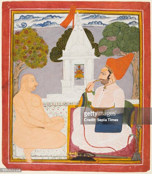 Rathor Noble Visiting a Digambara holy man at a Vishnu Shrine, probably Baba Atmaram, c. 1760. India, Marwar. Color on paper; page: 33.4 x 29.3 cm .