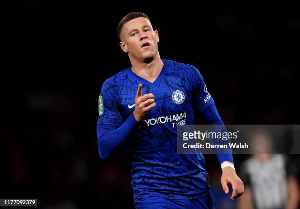Ross Barkley of Chelsea celebrates after he scores his team's first goal during the Carabao Cup Third Round match between Chelsea FC and Grimsby Town...
