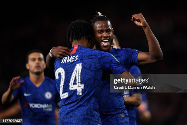 Michy Batshuayi of Chelsea celebrates after he scores his sides second goal during the Carabao Cup Third Round match between Chelsea FC and Grimsby...