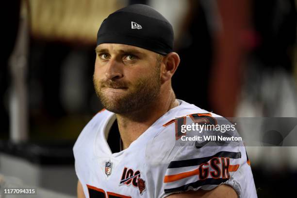 Kyle Long of the Chicago Bears looks on during the second half against the Washington Redskins at FedExField on September 23, 2019 in Landover,...