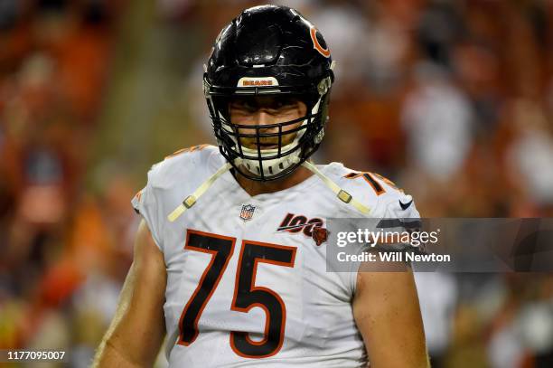 Kyle Long of the Chicago Bears looks on during the second half against the Washington Redskins at FedExField on September 23, 2019 in Landover,...