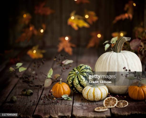 herbst kürbis hintergrund auf holz - kalebasse stock-fotos und bilder