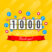 Vector thanks design template for network friends and followers. Thank you 1000 followers card. Image for Social Networks.