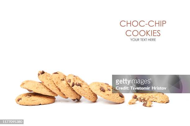 stacks of partially eaten cookies isolated on a white background. yummy chocolate chip biscuits - chocolate chip cookie on white stock pictures, royalty-free photos & images