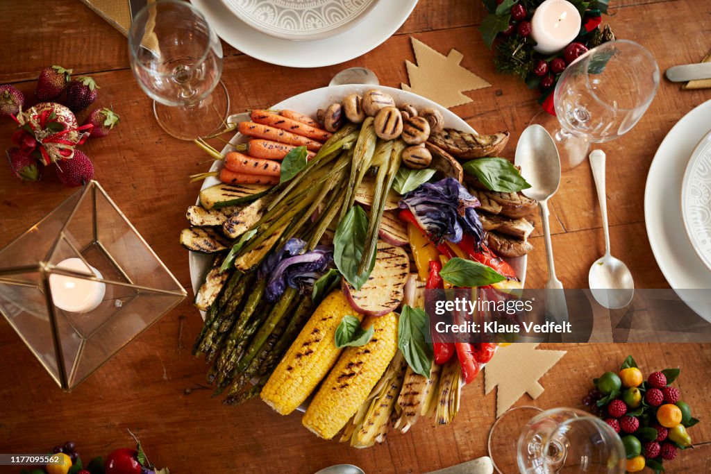 Directly above shot of grilled vegetables in plate