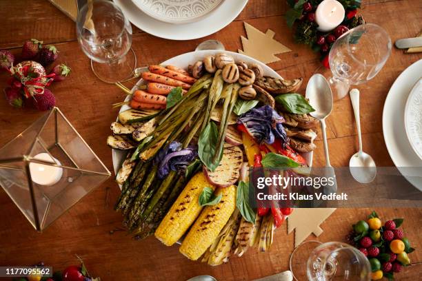 directly above shot of grilled vegetables in plate - vegetarian meal stock pictures, royalty-free photos & images