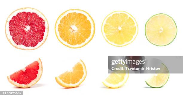 mix of citrus fruit slices isolated on white background - slice of lemon foto e immagini stock