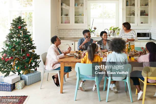 family and friends talking while enjoying meal - mesa de jantar - fotografias e filmes do acervo