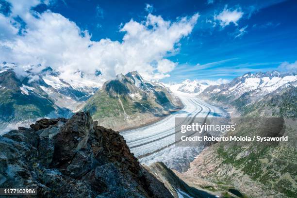 aletsch glacier from eggishorn viewpoint, valais, switzerland - aletsch glacier stock pictures, royalty-free photos & images