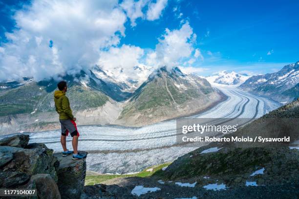 man admiring aletsch glacier from eggishorn, valais, switzerland - aletsch glacier stock pictures, royalty-free photos & images