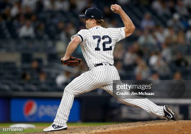 Chance Adams of the New York Yankees in action against the Los Angeles Angels of Anaheim at Yankee Stadium on September 17, 2019 in New York City....