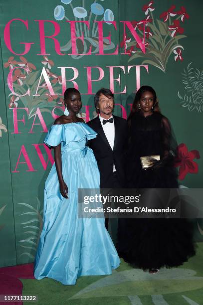 Pierpaolo Piccioli, Adut Akech and a guest attendattend the Green Carpet Fashion Awards during the Milan Fashion Week Spring/Summer 2020 on September...