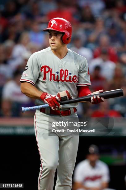 Scott Kingery of the Philadelphia Phillies walks against the Cleveland Indians in the third inning at Progressive Field on September 22, 2019 in...