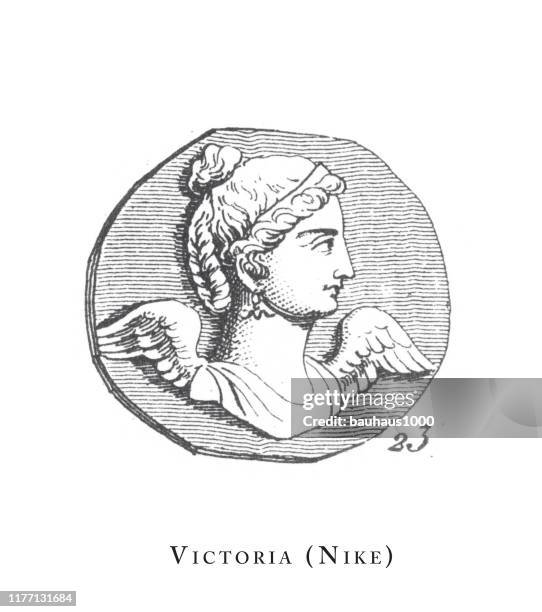 illustrations, cliparts, dessins animés et icônes de victoria (nike), legendary scenes and figures from greek and roman mythology engraving antique illustration, publié en 1851 - déesse grecque