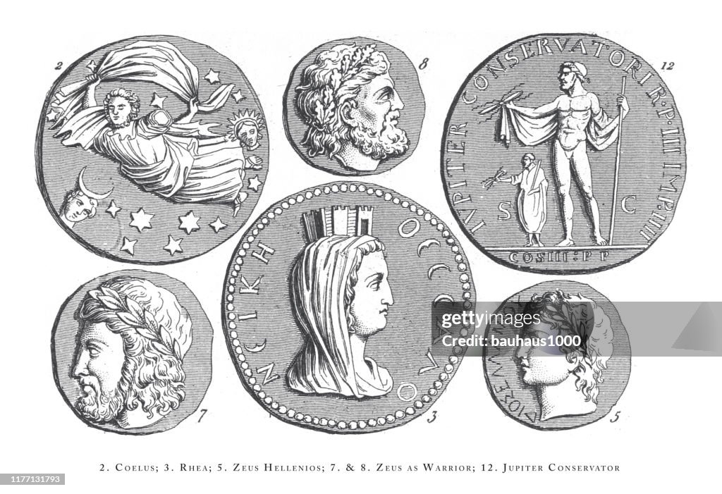 Coelus, Rhea, Zeus Hellenios, Zeus as Warrior, Jupiter Conservator, Legendary Scenes and Figures from Greek and Roman Mythology Engraving Antique Illustration, Published 1851