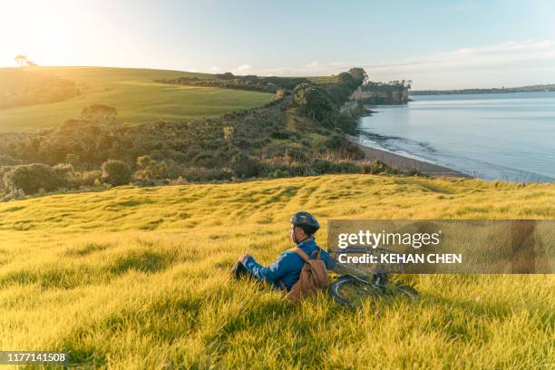 professional road cyclist rest on the field look at sunset - north island new zealand stock pictures, royalty-free photos & images