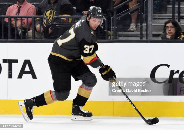 Reid Duke of the Vegas Golden Knights skates during the first period against the Colorado Avalanche at T-Mobile Arena on September 25, 2019 in Las...
