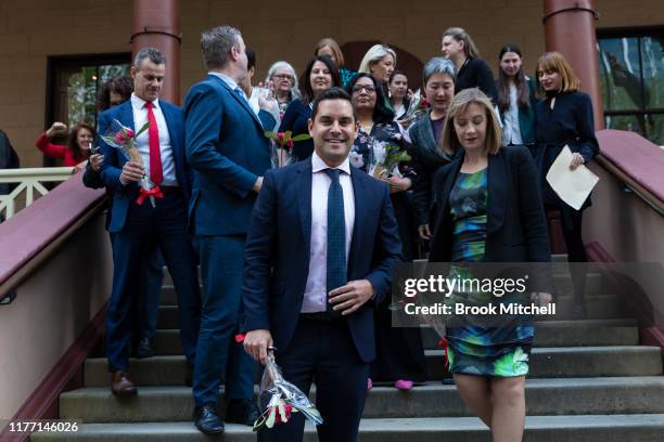 Independent MP Alex Greenwich with supporters outside Parliament House after the passing of the amended Abortion Law Reform Act on September 26, 2019...