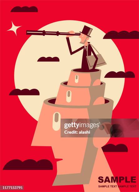 thin businessman looking through hand-held telescope, he comes up from an empty head inside of another empty head - matryoshka dolls stock illustrations