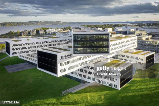 oslo equinor modern office building fornebu oslo norway aerial view - statoil stock pictures, royalty-free photos & images