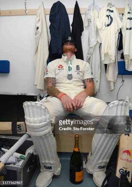 England batsman Ben Stokes takes a moment to reflect in the dressing room after day four of the 3rd Ashes Test Match between England and Australia at...
