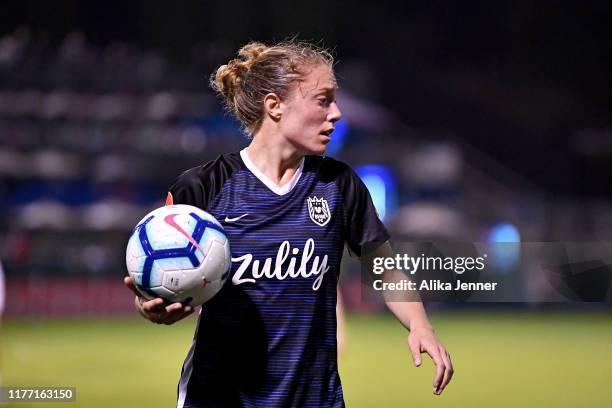 Celia Jimenez Delgado of Seattle Reign FC looks to throw the ball in during the match against the Utah Royals FC at Cheney Stadium on September 25,...