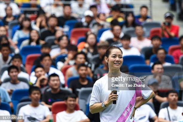 Li na of China attends activity on Day 5 of 2019 Dongfeng Motor Wuhan Open at Optics Valley International Tennis Center on September 26, 2019 in...